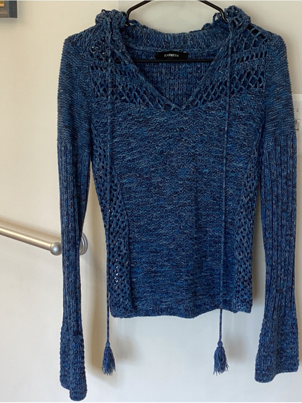 Express Women's Blue Cotton Open-Knit V-Neck Sweater with Tassel Ties